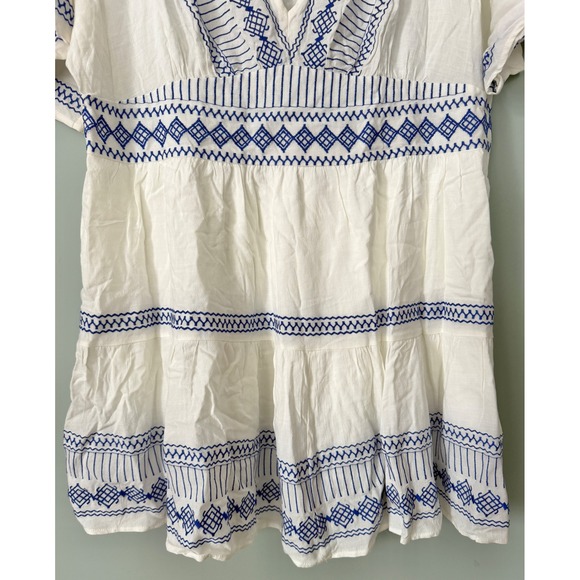 Linen Blend White Blue‎ Embroidered V-Neck Short Sleeve Mini Dress Large NWT